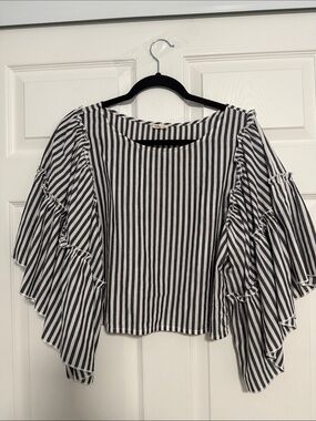 Hollister Black and White Vertical Stripe Ruffle Sleeve Top